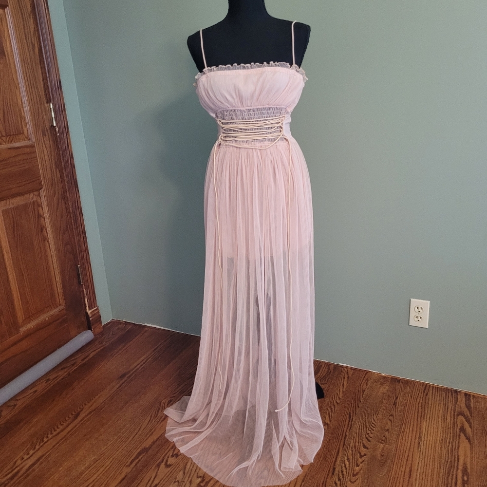 NWT blush pink Blithe LA sheer mini maxi dress corset boho vintage nightgown